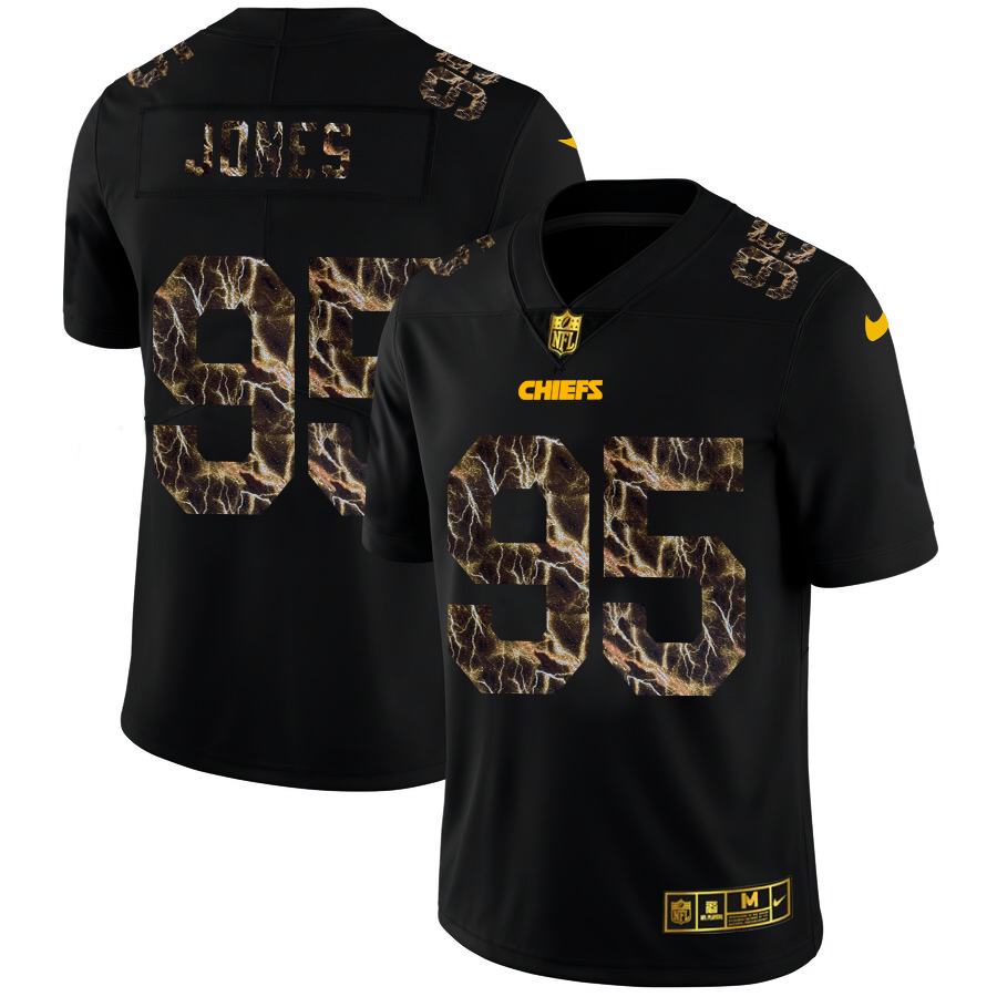 2020 Kansas City Chiefs #95 Chris Jones Men Black Nike Flocked Lightning Vapor Limited NFL Jersey